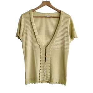 Womens Y2K Coquette Ribbed Knit Cardigan Size M Sage Green Scallop Pointelle